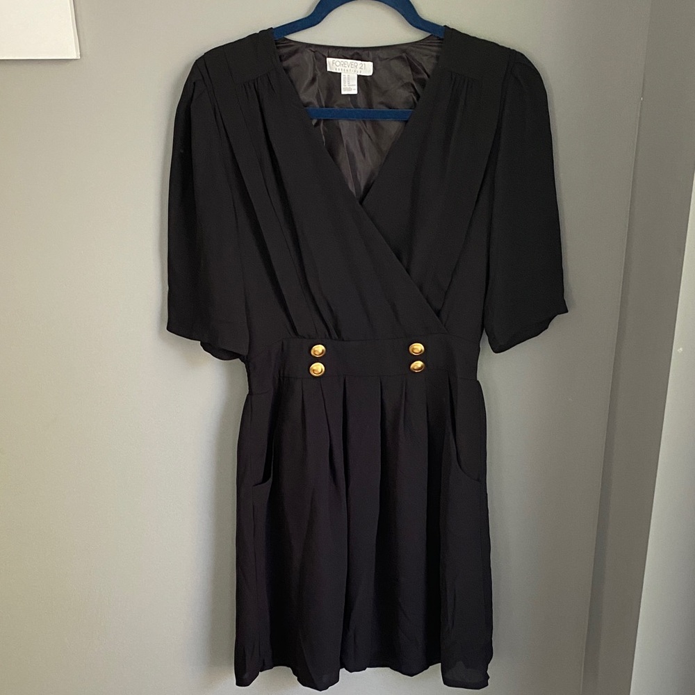 084. Forever 21 Elegant Black Dress with Gold Button Accents